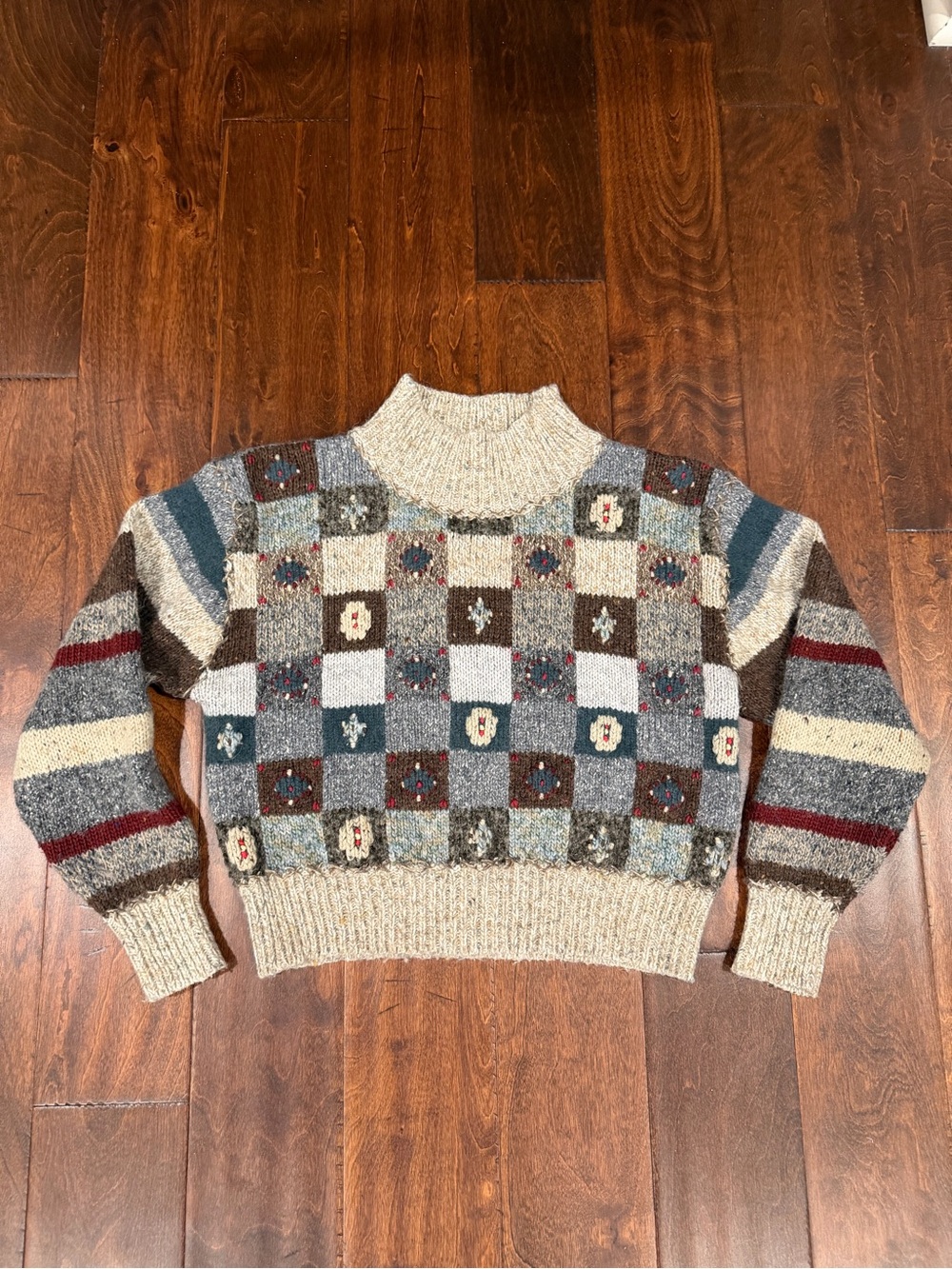 Vintage Patchwork Check Mock-Neck Sweater - Multi